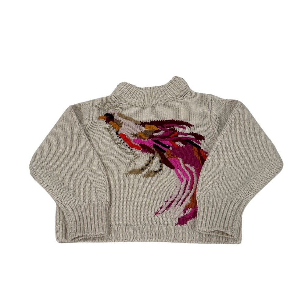 Bonpoint Cream and Pink Sweater with Artistic Bird Design